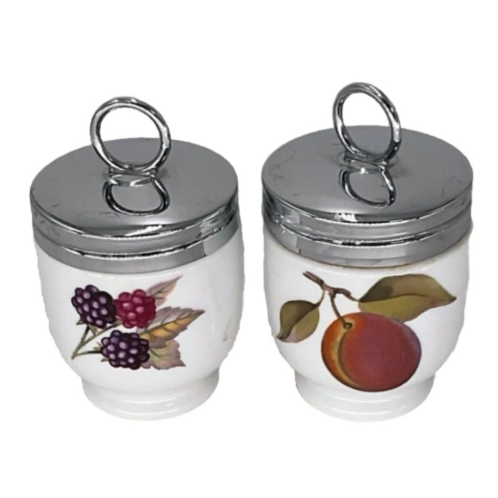 Vintage Royal Worcester Pair of Evesham Porcelain Egg Coddler with Chrome Lids